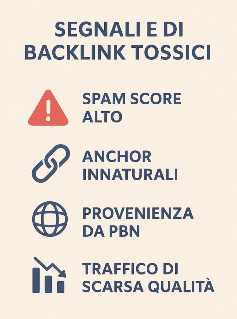 Infografica che mostra i segnali di un backlink tossico: spam score alto, anchor innaturali, provenienza da PBN, rischio penalizzazioni.