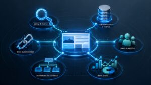 Sito web al centro di un ecosistema SEO collegato a query, indice dei motori di ricerca, utenti, dati, architettura e link