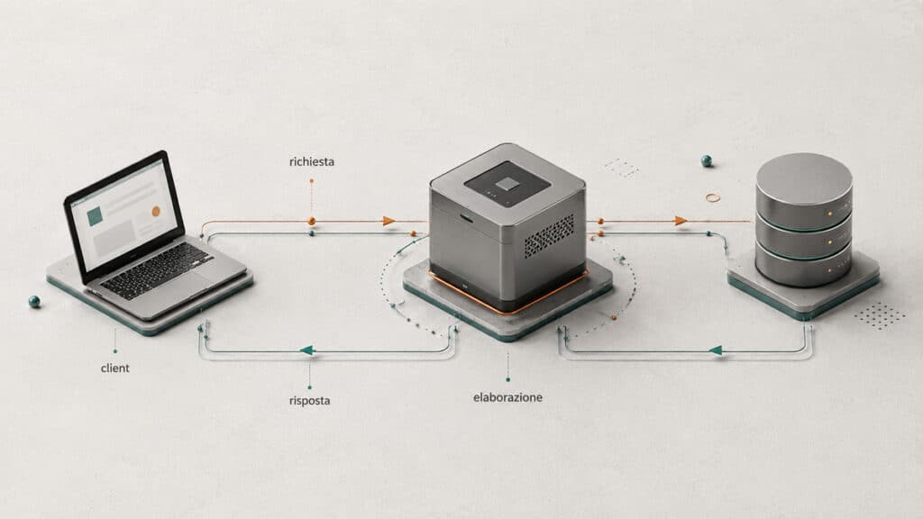 Server: cos’è, a cosa serve, come funziona ed esempi 1 Schema del flusso tra client, elaborazione del servizio e risposta del server