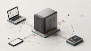 Sistema server collegato a più dispositivi client che richiedono servizi e dati
