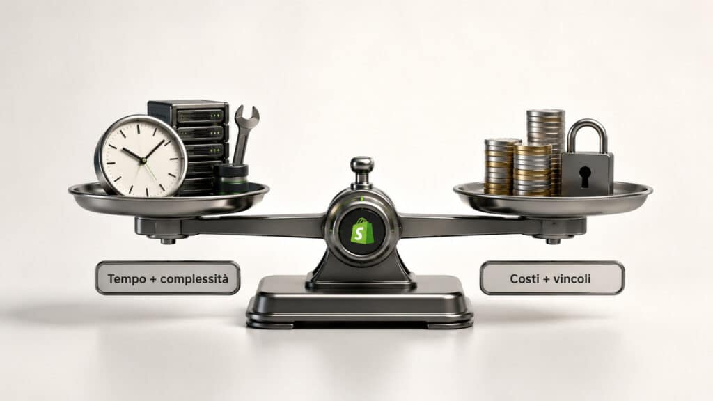 Shopify: cos’è, come funziona, costi, pro e contro e quando conviene 2 Bilancia tra tempo e complessità tecnica risparmiati e costi e vincoli nella scelta di Shopify