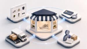 Rappresentazione di un sito ecommerce collegato a catalogo, pagamento, ordine e spedizione