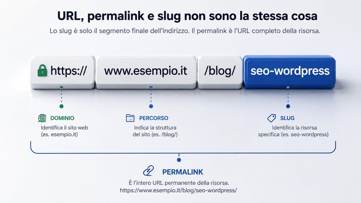 Slug WordPress: cos’è, come modificarlo e come ottimizzarlo per la SEO 1 Struttura di un URL con dominio, percorso e slug WordPress evidenziati