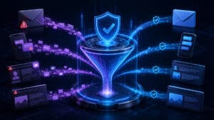 Ecosistema tecnologico antispam con email, smartphone, social e siti web collegati a un sistema centrale di filtraggio