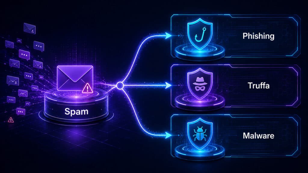 Spam: significato, cos’è, come riconoscerlo e come evitarlo 1 Diagramma che distingue lo spam da phishing, truffa e malware