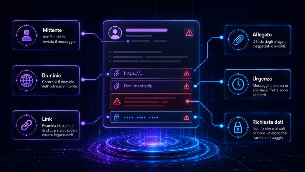 Spam: significato, cos’è, come riconoscerlo e come evitarlo 2 Schema dei segnali da controllare in un messaggio sospetto: mittente, dominio, link, allegato, urgenza e richiesta di dati