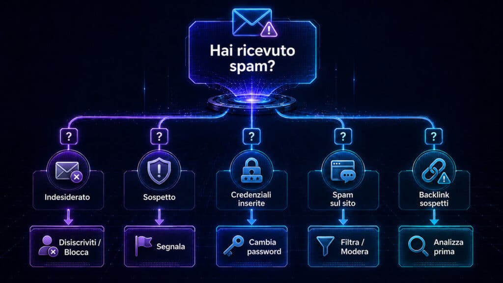 Spam: significato, cos’è, come riconoscerlo e come evitarlo 3 Diagramma decisionale con le azioni da intraprendere quando si riceve spam o un messaggio sospetto