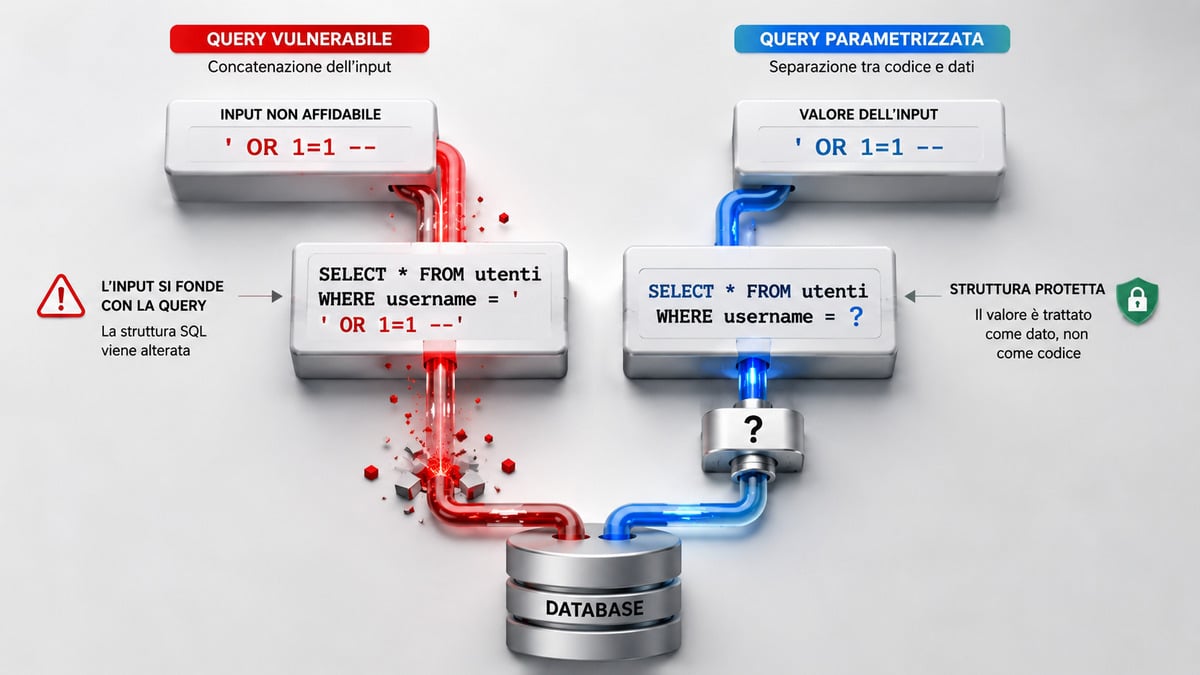 SQL injection: cos’è, come funziona, esempi e come prevenirla 1 Confronto visivo tra input concatenato direttamente nella query SQL e valore passato separatamente come parametro