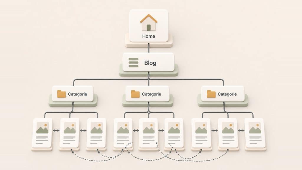 Come creare un blog da zero: guida passo passo 1 Schema della struttura di un blog con home, categorie, articoli e collegamenti interni