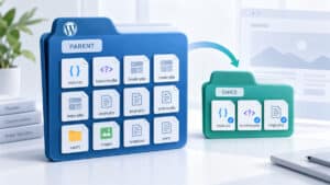 Rappresentazione di un tema parent WordPress collegato a un tema child con pochi file personalizzati