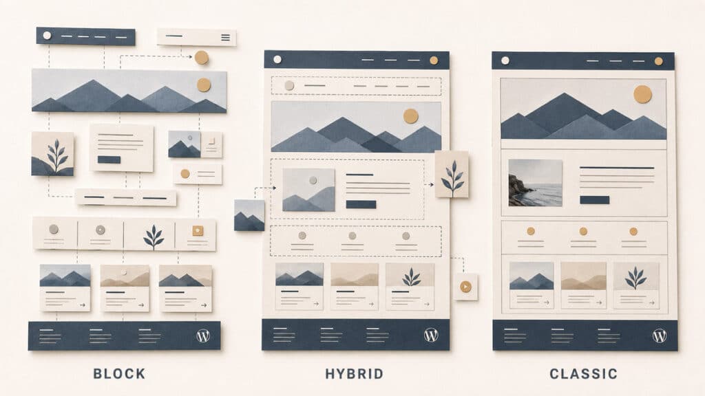 Temi WordPress: cosa sono, come funzionano e come scegliere quello giusto 1 Confronto visuale tra block theme, hybrid theme e classic theme di WordPress
