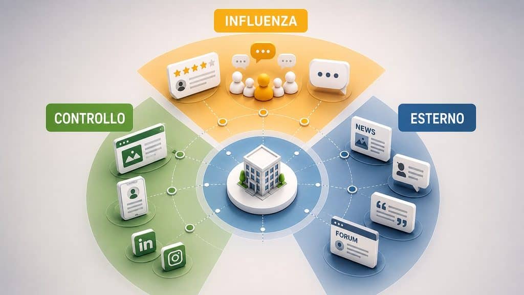 Reputazione online e web reputation: cos’è, come monitorarla e come gestirla 1 Schema dei segnali di reputazione online divisi tra ciò che un brand controlla, può influenzare e non controlla