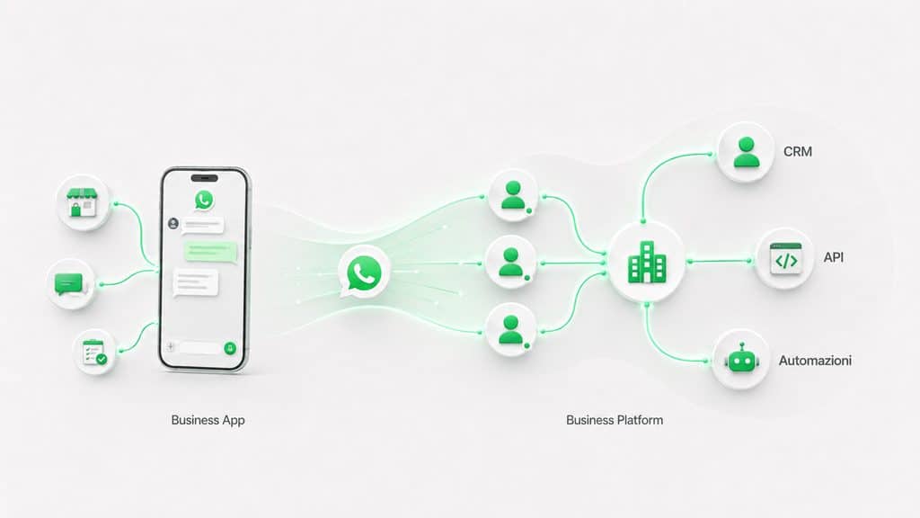 Marketing su WhatsApp: strategia, campagne ed esempi per aziende 2 Confronto visuale tra WhatsApp Business App e Business Platform per CRM, API e automazioni