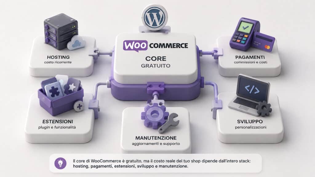 WooCommerce: recensione, costi, pro e contro e quando conviene usarlo 1 Componenti che determinano il costo reale di uno shop WooCommerce oltre al core gratuito