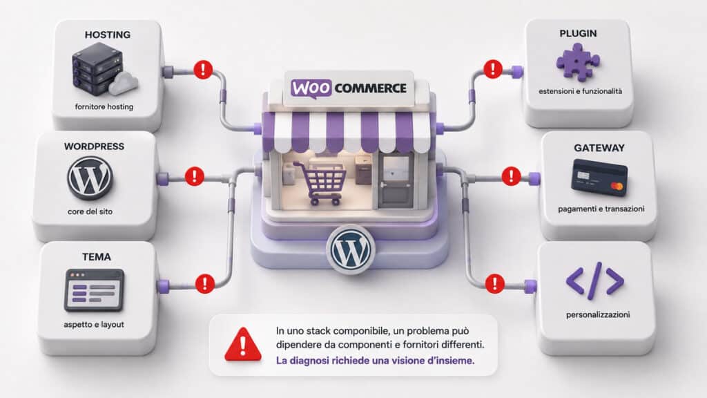 WooCommerce: recensione, costi, pro e contro e quando conviene usarlo 2 Stack WooCommerce con hosting, WordPress, tema, plugin, gateway e codice come possibili punti di diagnosi