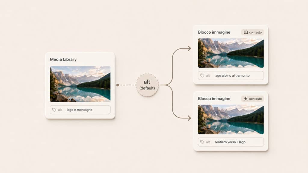 Tag alt (alt text): cos’è, a cosa serve e come usarlo nelle immagini 2 Schema che mostra un testo alternativo iniziale nella Media Library e due valori differenti dello stesso asset in base al contesto del blocco Immagine.