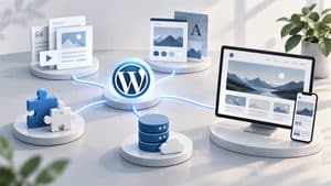 Rappresentazione di WordPress al centro di un sistema composto da contenuti, tema, plugin, database e sito web