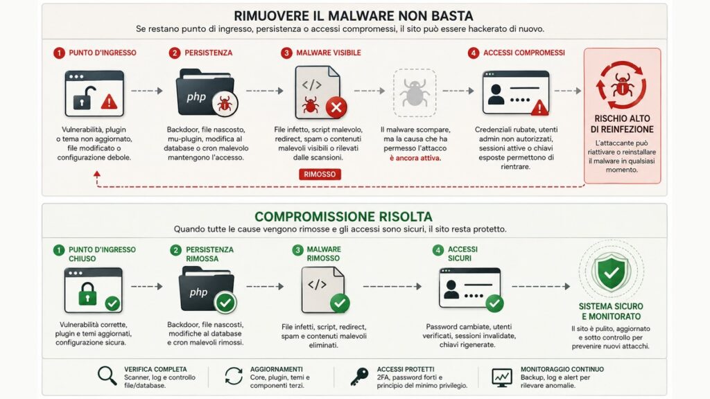 WordPress hackerato: cosa fare e come ripristinare un sito compromesso 1 Schema che mostra perché rimuovere il malware da WordPress non basta se restano punto di ingresso, persistenza o accessi compromessi