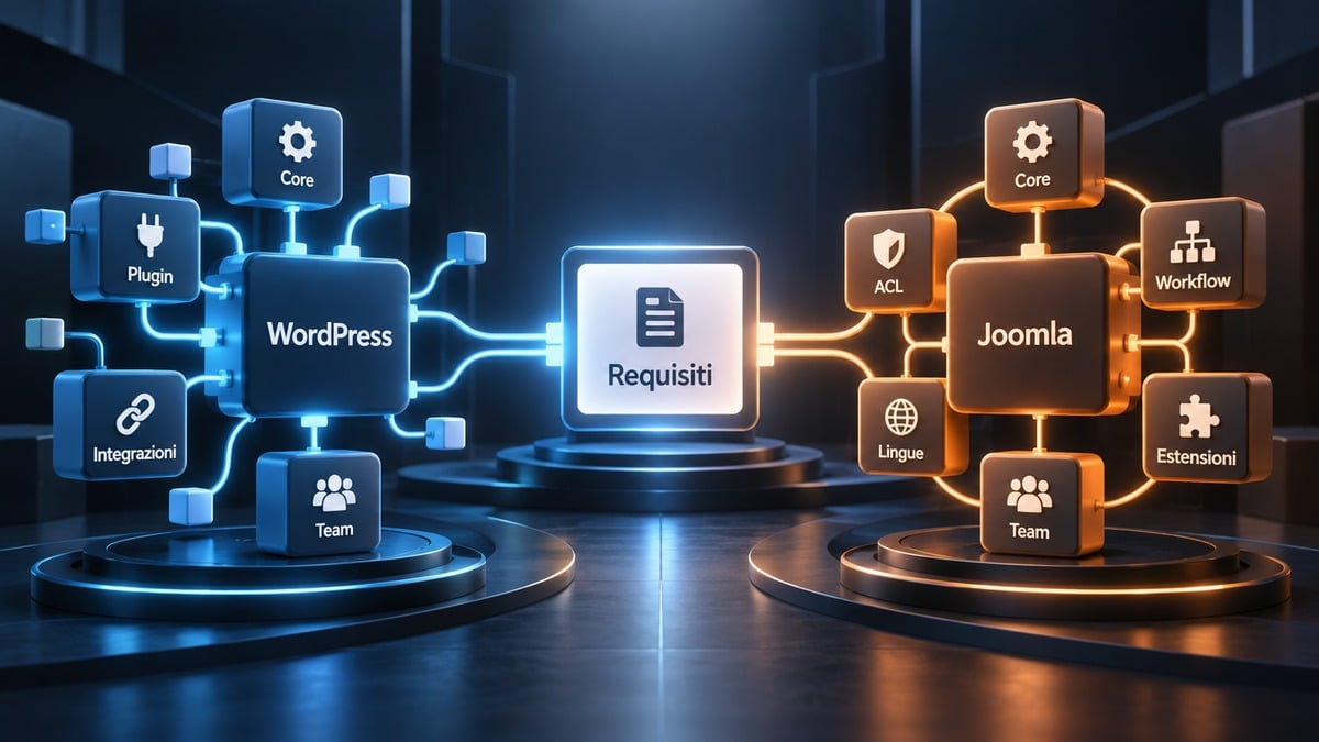 Joomla vs WordPress: quale CMS scegliere per il tuo sito 1 Diagramma che confronta come WordPress e Joomla distribuiscono la complessità tra core, estensioni, workflow e gestione del team