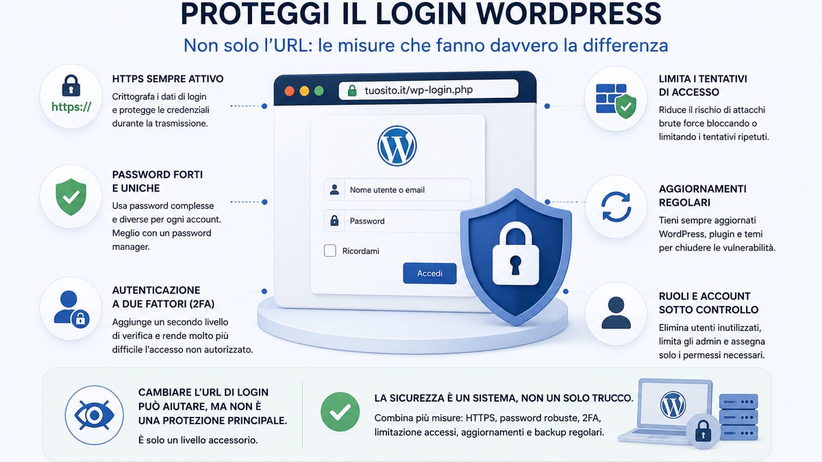 WordPress login: come accedere a wp-admin e recuperare l’accesso 2 Misure per proteggere il login WordPress con HTTPS, password, 2FA e limitazione dei tentativi