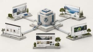 Illustrazione di una singola installazione WordPress che gestisce più siti distinti in una rete Multisite