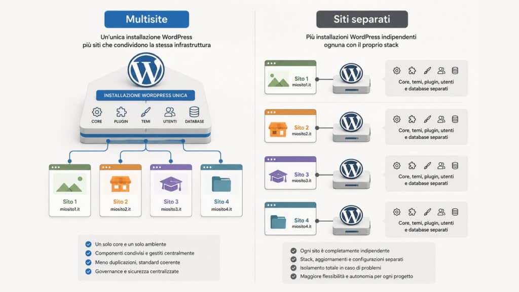 WordPress Multisite: cos’è, come funziona e quando usarlo 1 Confronto architetturale tra WordPress Multisite con un'unica installazione condivisa e più installazioni WordPress separate