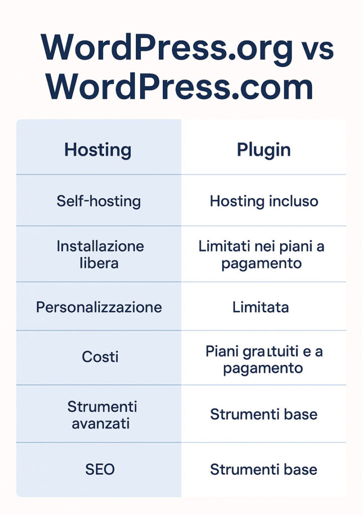 Infografica comparativa tra WordPress.org e WordPress.com: differenze su hosting, plugin, personalizzazione, costi e SEO