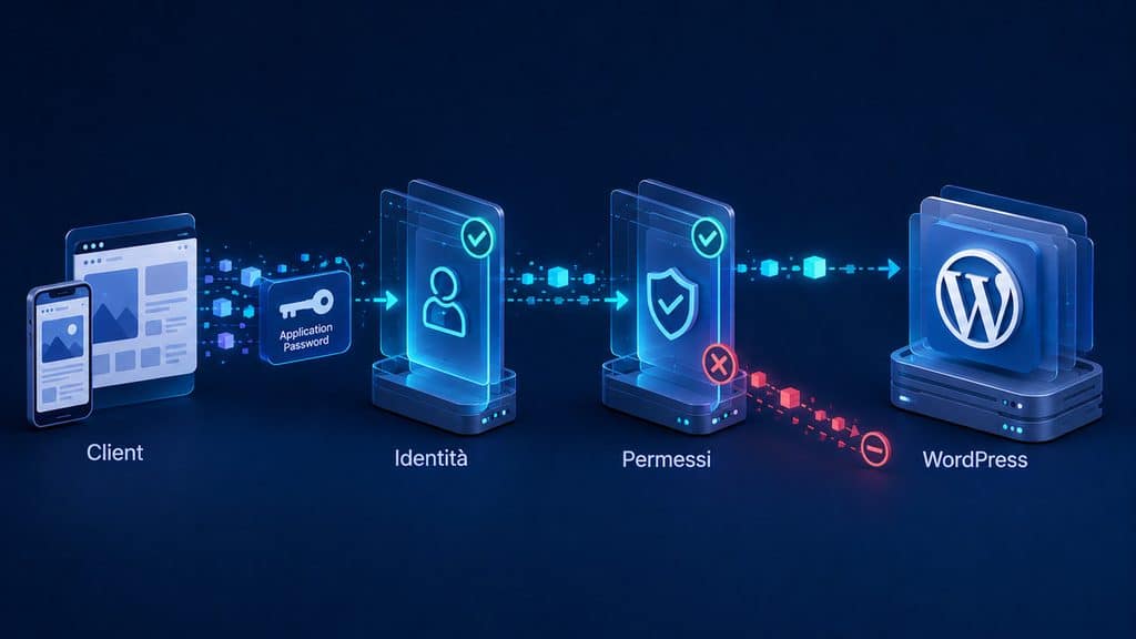WordPress REST API: cos’è, come funziona e come usarla 2 Richiesta WordPress REST API che supera autenticazione e controllo dei permessi prima di accedere a WordPress