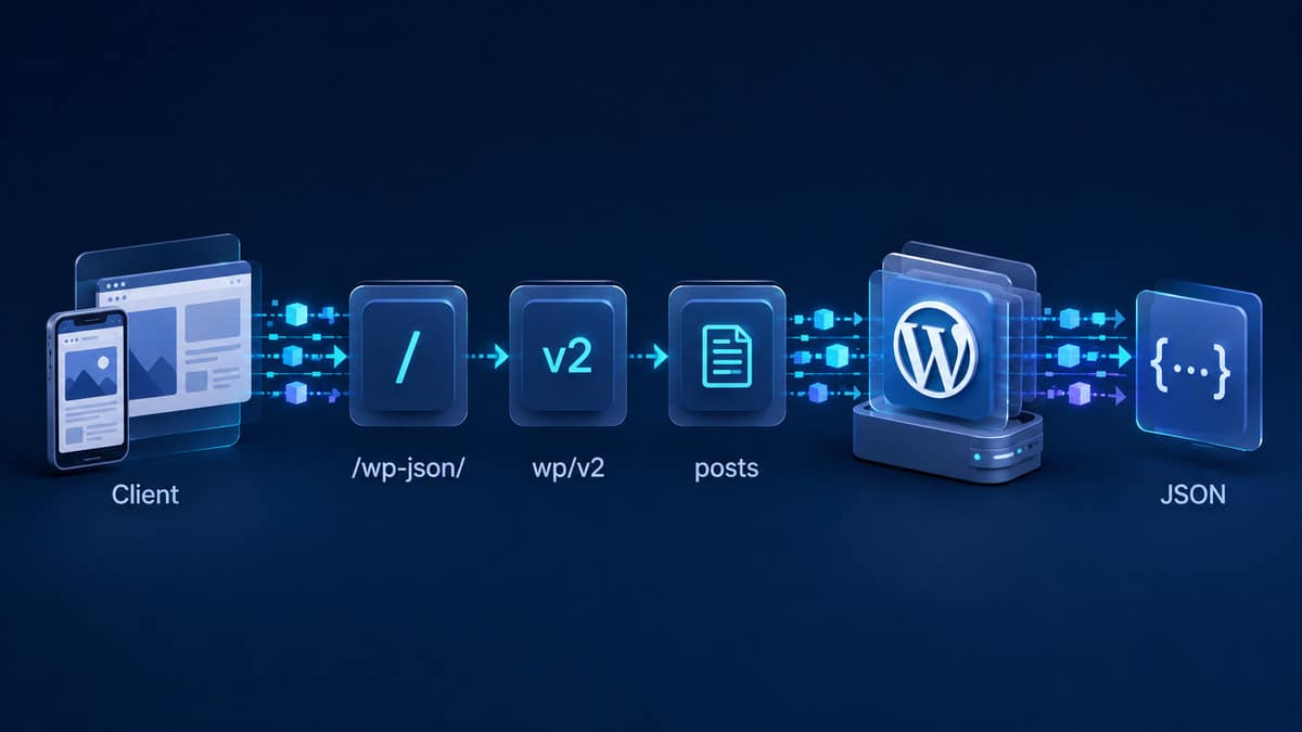 WordPress REST API: cos’è, come funziona e come usarla 1 Flusso di una richiesta WordPress REST API dal client a wp-json, namespace wp/v2, route posts e risposta JSON