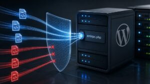 Endpoint xmlrpc.php di WordPress raggiunto da richieste remote e protetto da un filtro di sicurezza.