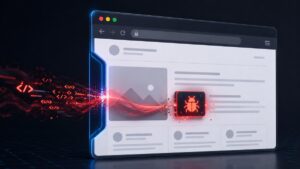 Illustrazione di codice non affidabile che entra in una pagina web e viene interpretato dal browser, rappresentando un attacco XSS