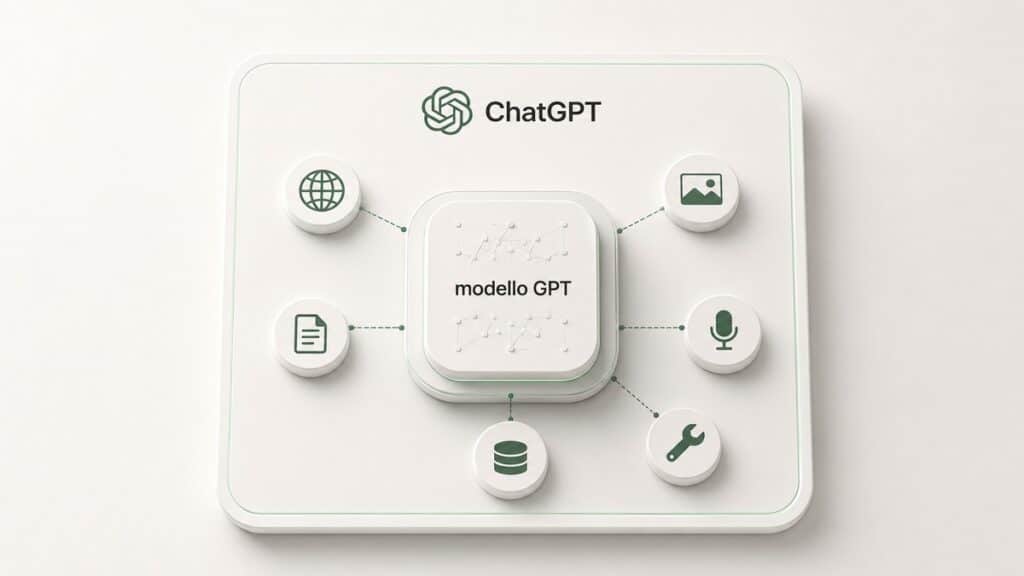 ChatGPT: cos'è, come funziona e cosa puoi fare oggi 1 Schema della differenza tra ChatGPT come prodotto e il modello GPT collegato a contesto e strumenti
