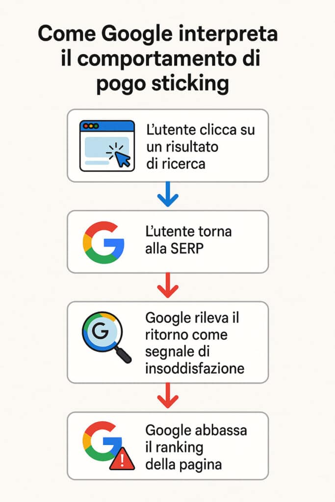 Diagramma di flusso che mostra come Google interpreta il comportamento di pogo sticking, dal clic sul risultato alla penalizzazione SEO.
