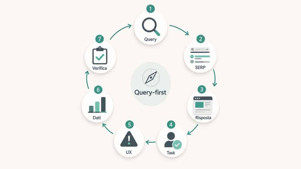 Pogo sticking: cos’è in SEO, è un fattore di ranking e come ridurlo 2 Workflow query-first in sette passaggi per analizzare query, SERP, risposta della pagina, task, UX, dati e verifica.