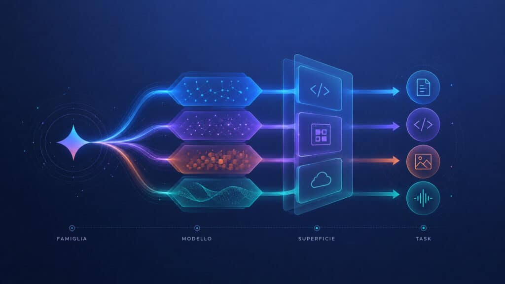 Gemini AI: L’Intelligenza Artificiale di Google che Cambierà il Futuro 1 Schema che distingue famiglia Gemini, modello AI, superficie di accesso e task