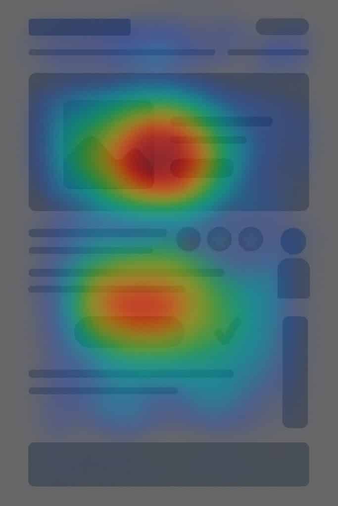 Heatmap sovrapposta a una pagina web che mostra le aree più cliccate dagli utenti, dal blu (meno cliccate) al rosso (più cliccate), con evidenza di call-to-action e sezioni ignorate.