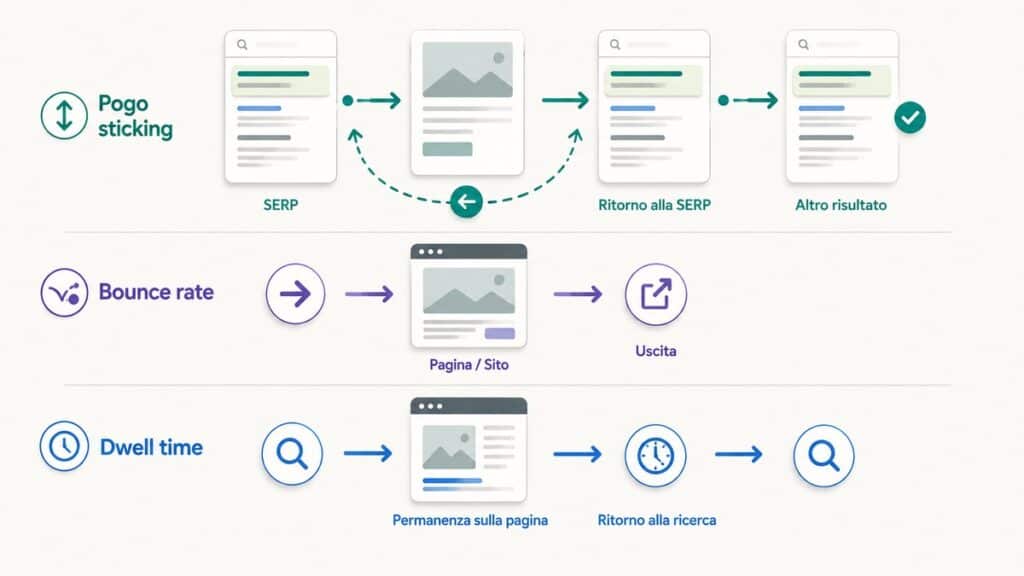 Pogo sticking: cos’è in SEO, è un fattore di ranking e come ridurlo 1 Confronto visivo tra pogo sticking, bounce rate e dwell time e i differenti percorsi dell'utente.
