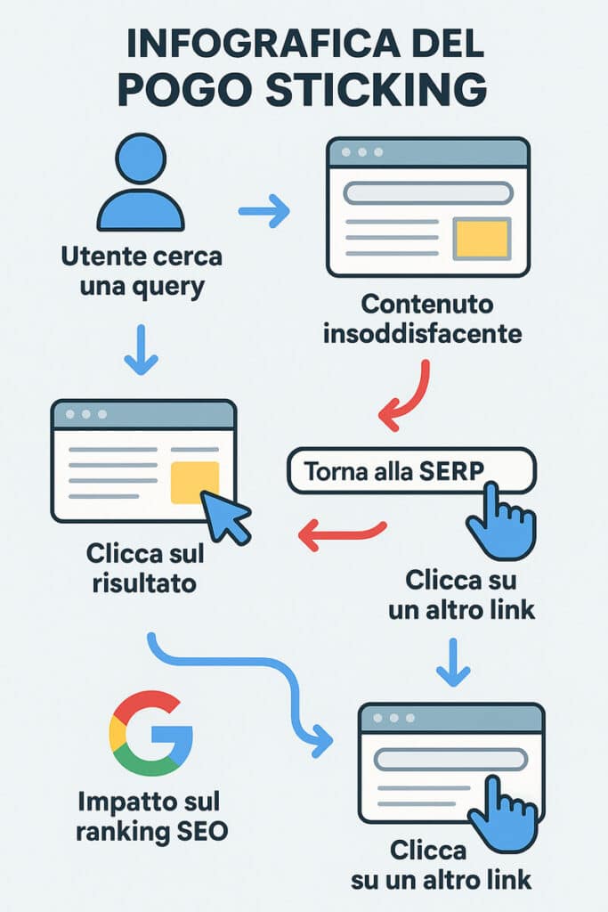 Infografica che mostra il processo del pogo sticking: dall’utente che effettua una ricerca, clicca sul risultato, trova contenuto insoddisfacente, torna alla SERP e clicca su un altro link, con impatto negativo sul ranking SEO.