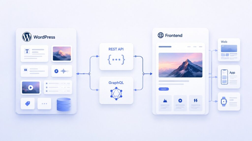 WordPress headless: cos’è, come funziona e quando conviene davvero 1 Schema del flusso WordPress, API e frontend in un’architettura headless