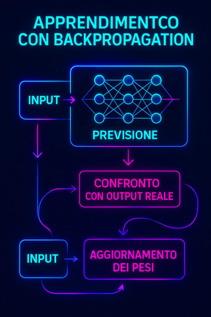 Diagramma in italiano che illustra l'apprendimento con backpropagation in una rete neurale, con flusso dati iterativo e feedback dell'errore.