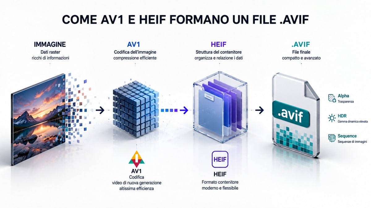 AVIF: cos’è il formato immagine .avif, come aprirlo e quando usarlo 1 Schema di un’immagine codificata con AV1 e organizzata in HEIF per creare un file AVIF