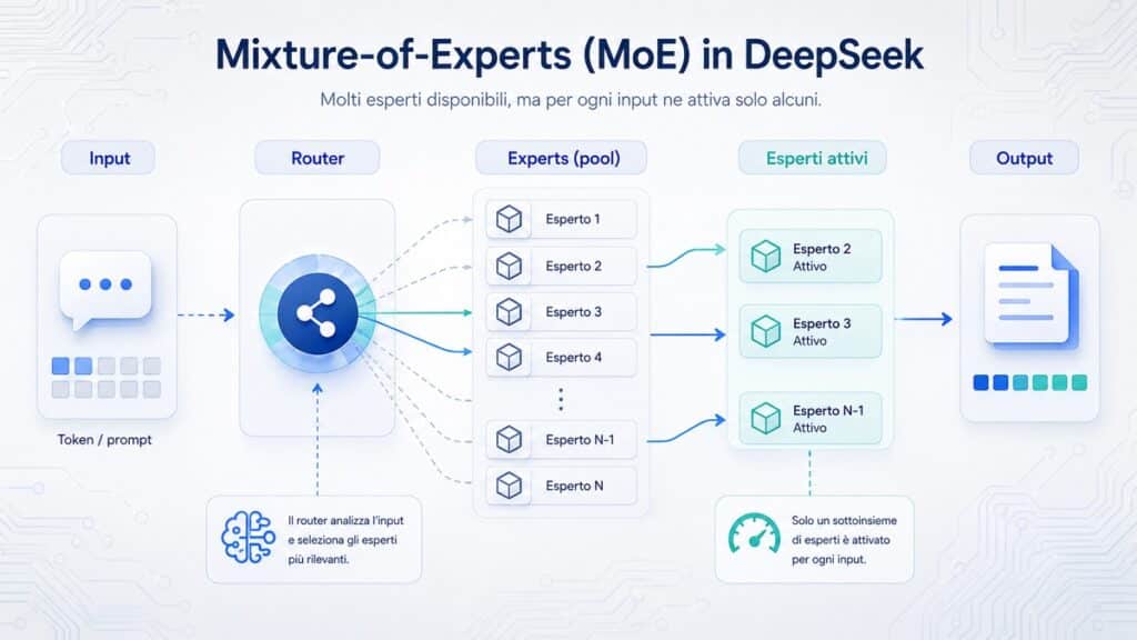 DeepSeek: cos’è, come funziona e quali modelli usare oggi 1 Schema del funzionamento Mixture-of-Experts con router che attiva solo alcuni esperti