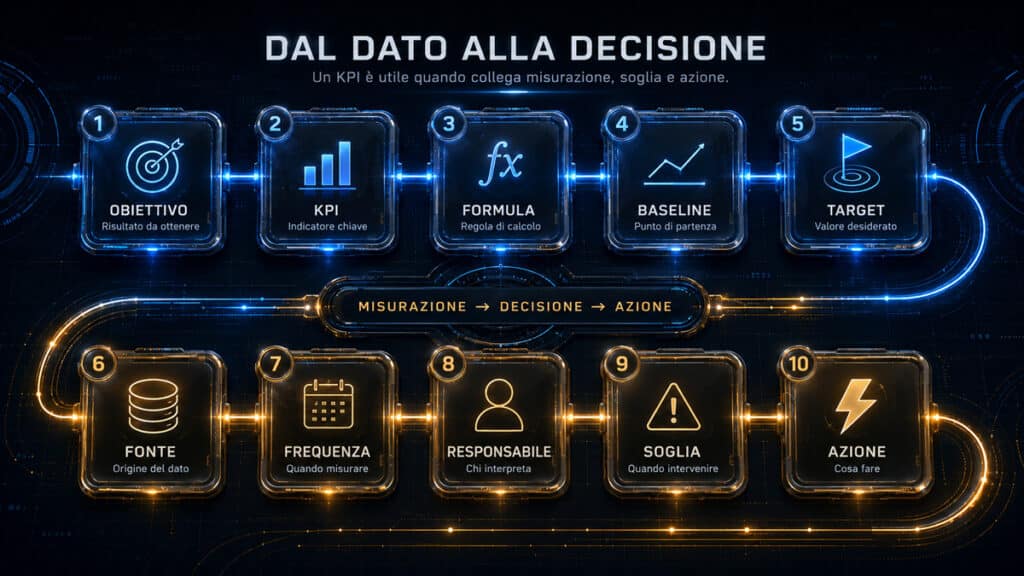 KPI: cosa sono, significato, esempi e come scegliere gli indicatori giusti 1 Modello KPI dall’obiettivo all’azione con formula, baseline, target, fonte, frequenza, responsabile e soglia