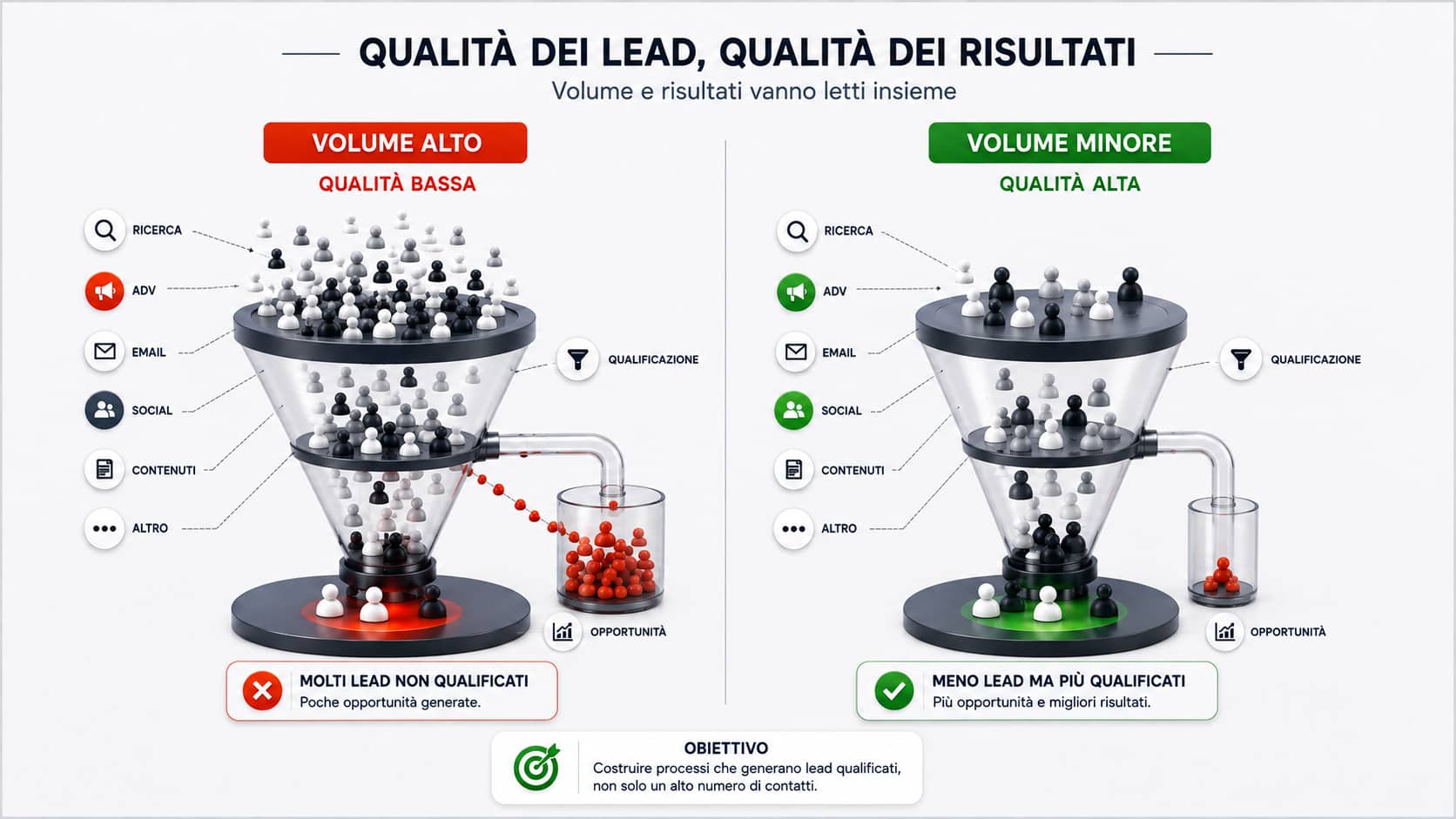 Lead Generation: cos’è e come generare lead qualificati 2 Confronto tra molti lead poco qualificati e meno lead con maggiore qualità commerciale