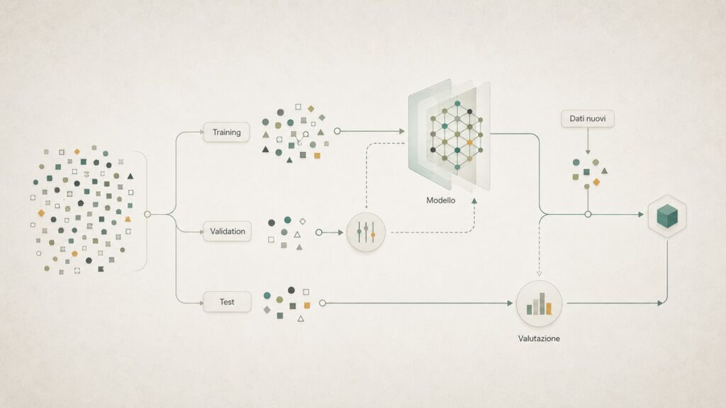 Machine learning: cos’è, come funziona e quali sono i principali tipi 1 Schema del machine learning con separazione dei dati in training, validation e test prima della valutazione del modello