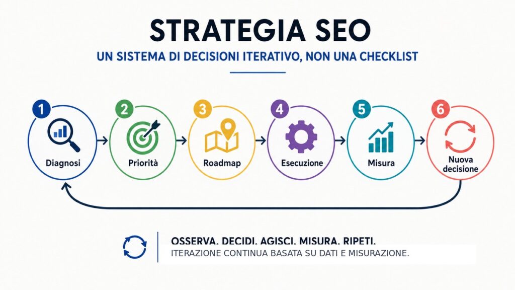 Strategia SEO: come crearne una efficace, personalizzata e misurabile 1 Ciclo della strategia SEO con diagnosi, priorità, roadmap, esecuzione, misura e nuova decisione