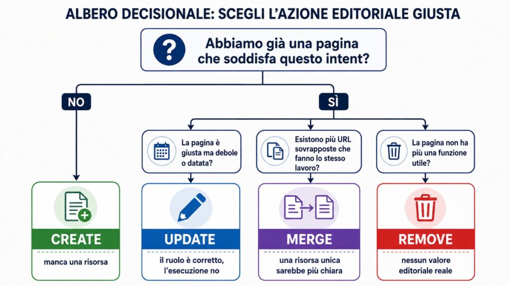 Strategia SEO: come crearne una efficace, personalizzata e misurabile 2 Albero decisionale SEO per scegliere tra creare, aggiornare, unire o rimuovere una pagina