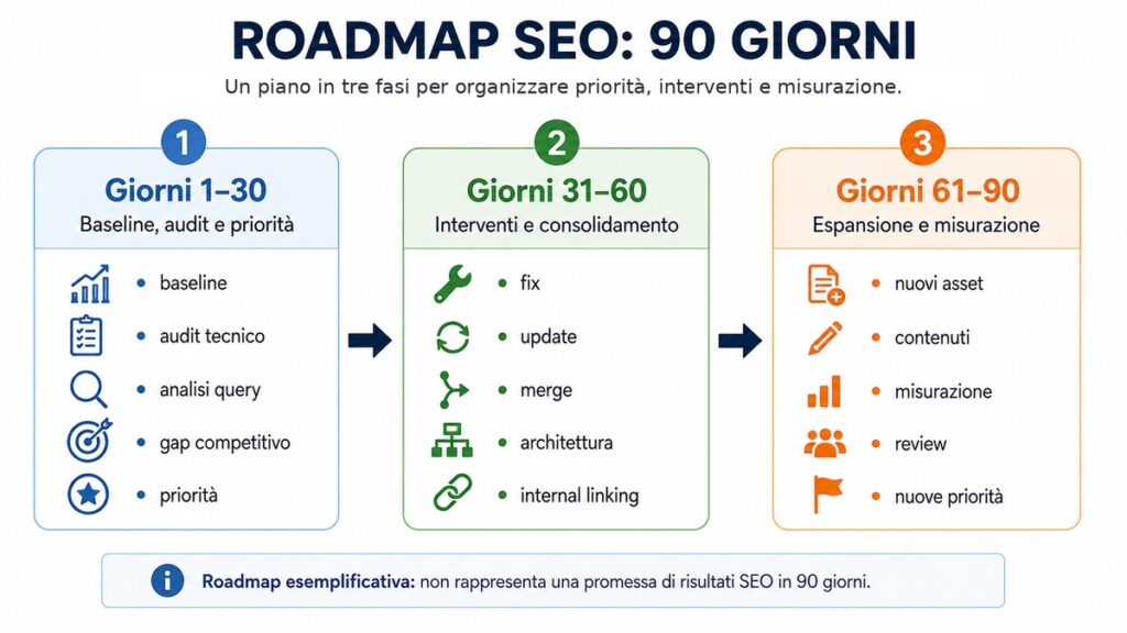 Strategia SEO: come crearne una efficace, personalizzata e misurabile 4 Roadmap SEO esemplificativa in tre fasi: giorni 1-30, 31-60 e 61-90