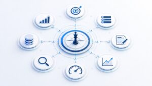 Strategia SEO rappresentata come sistema centrale collegato a obiettivi, dati, ricerca, contenuti, priorità e misurazione