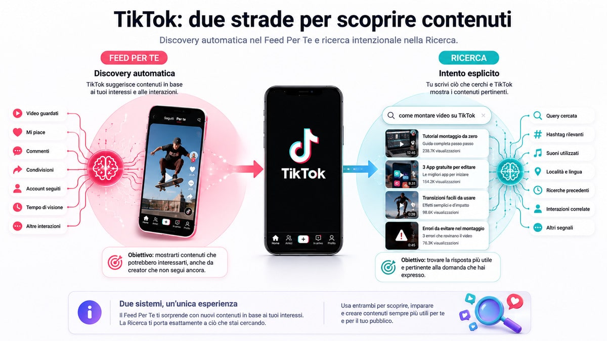 TikTok: cos’è, come funziona e come si usa 2 Confronto visivo tra discovery nel Feed Per Te e ricerca intenzionale su TikTok